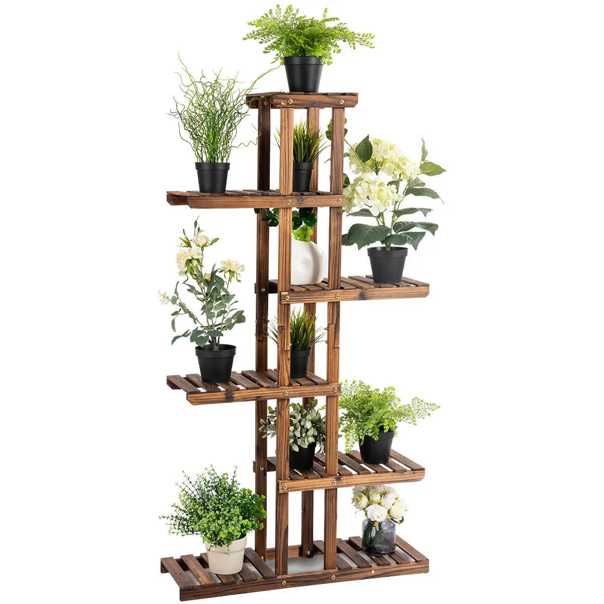 Costway 6 Tier 11 Pots Wooden Plant Flower Display Stand Wood Shelf Storage Rack Garden