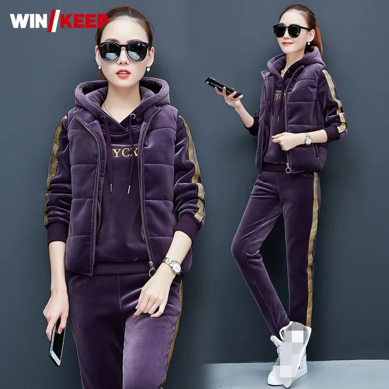 Woman Gold Velvet Casual Sportswear Suits Hooded Pullover Vest Thickening Warm Female Three Piece Sets Outdoor Fitness Winter