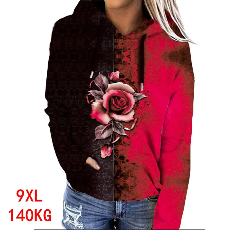 

Large women's Hoodie flower panel contrast 9xl 140kg big size 7XL 8xl autumn long sleeve loose Sweatshirt black red big jack