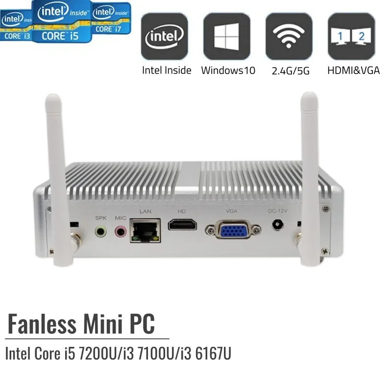 Fanless Mini PC Core i3 7020U 6006U 16GB DDR4 1TB MSATA 2.5" Windows 10 Home Office Business Mini Desktop Computer HDMI VGA
