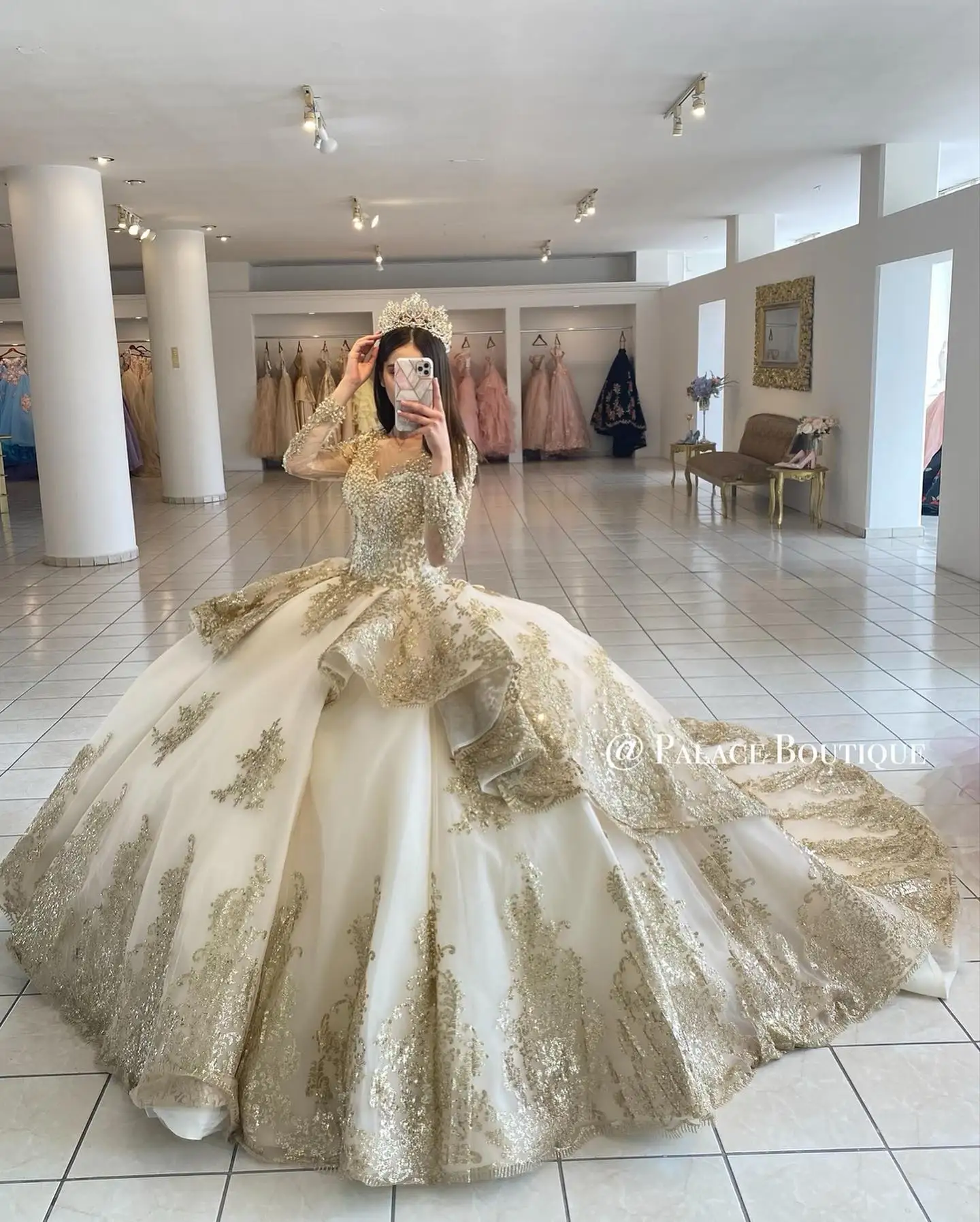 Vestido de quinceañera con cuentas de champán, traje de baile de manga larga con apliques y cordones, ropa de fiesta de graduación, dulce 16, 2024