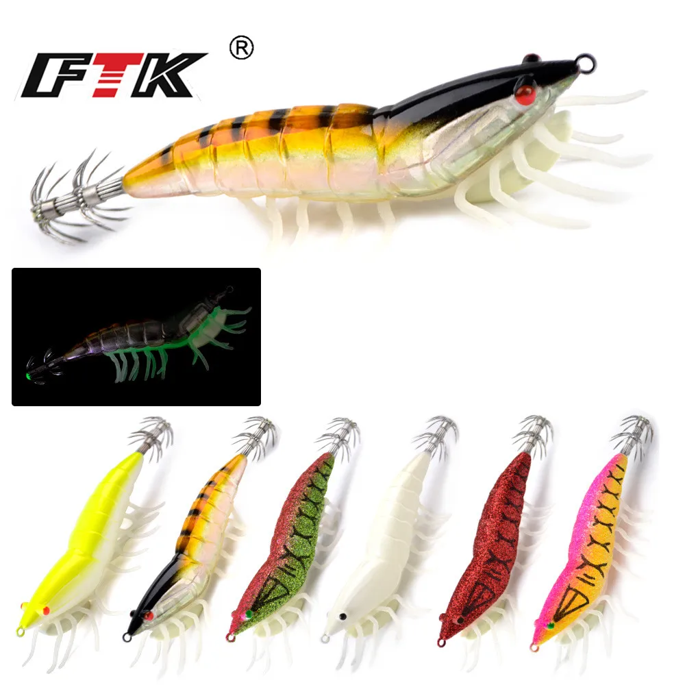 

FTK Squid Hook 1PC 3.0g/3.5g 6 Colors Fishing Lures Squid Jig Bait noctilucent Shrimp Lure 3D eyes For Fishing Tackle