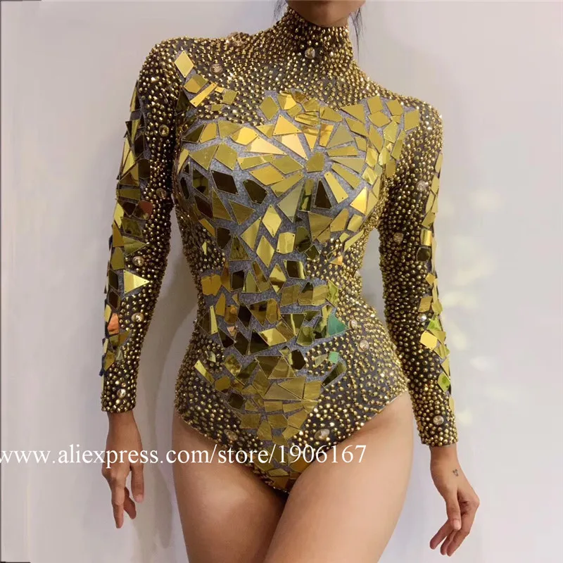 Nightclub Bar Dance Team Stage Show Silver Mirror Dress Sexy Lady Gold Mirror Party Suit Ballroom Costume Clothes