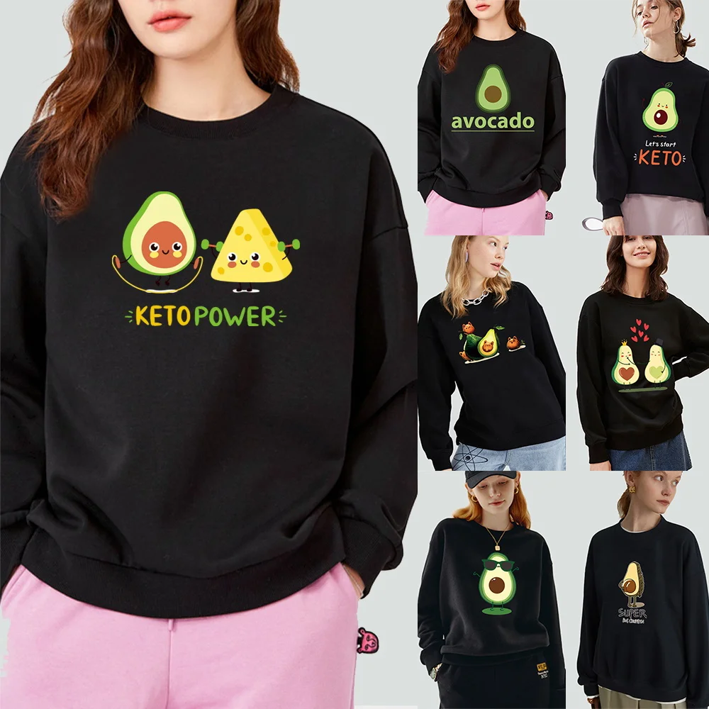 Women's Long Sleeve Sweatshirt Warm Casual Pullover Avocado Print Pattern Series O-neck Fall Fashion Black Long Sleeve Hoodie