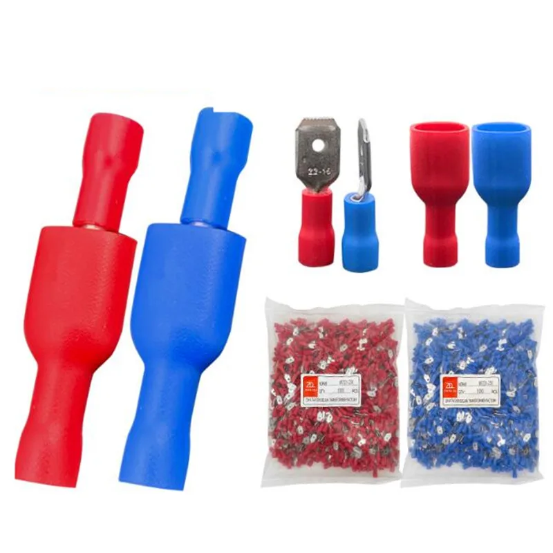 100pcs 50pairs 6.3mm 16-14AWG Female Male Electrical Wiring Connector Insulated Crimp Terminal Spade Blue red FDFD2-250 MDD2-250