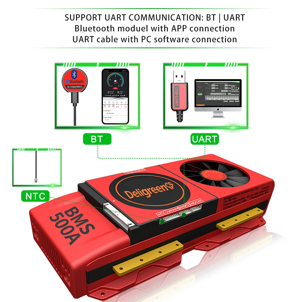 Thông Minh BMS Có Quạt 80A Để 500A 3S 4 7S 8S 10S 12S 13S 16S 24S 3.2V 3.7V LiFePO4 Pin Lithium Bluetooth RS485 Có Thể Làm Lạnh Không Khí