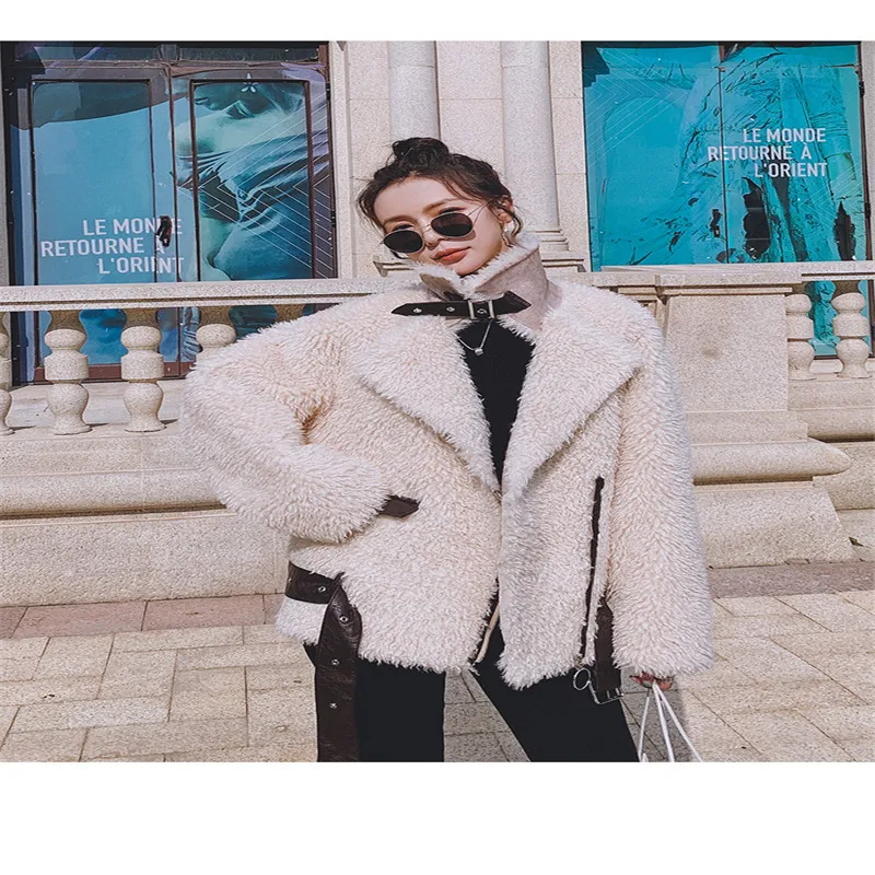 Korean Fashion Motorcycle Girl with lamb coat Cotton Super Warm Windproof Casual Outdoor Spring Autumn Winter Khaki Women jacket