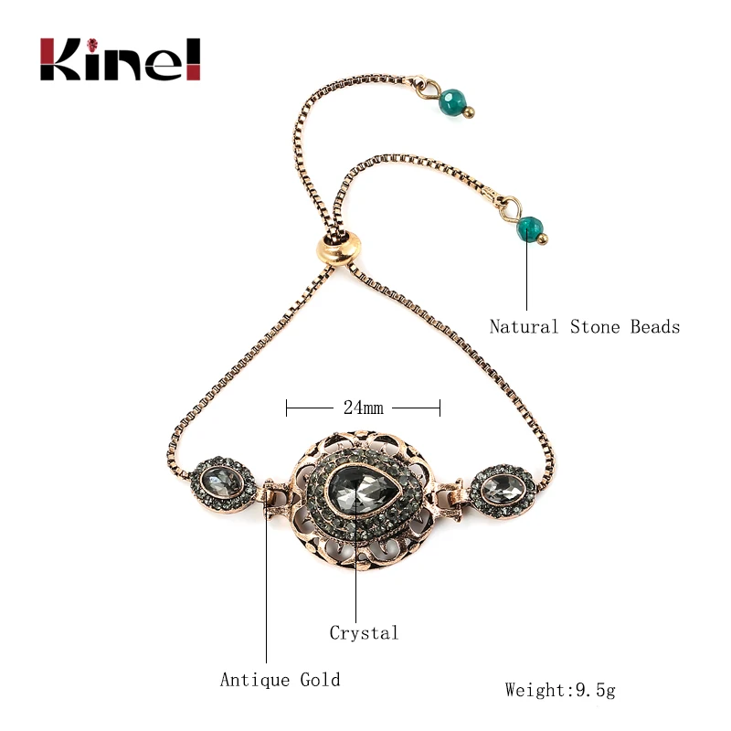 Kinel Luxury Gray Crystal Flower Bracelet For Women Antique Gold India Bracelets Adjustable Length Vintage Wedding Jewelry