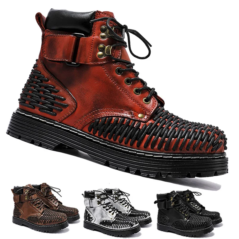 Men's Genuine Leather Ankle Boots Punk Gothic Boots Red Round Toe Vintage Style Punk Boots Casual knit Shoes Motorcycle Boots