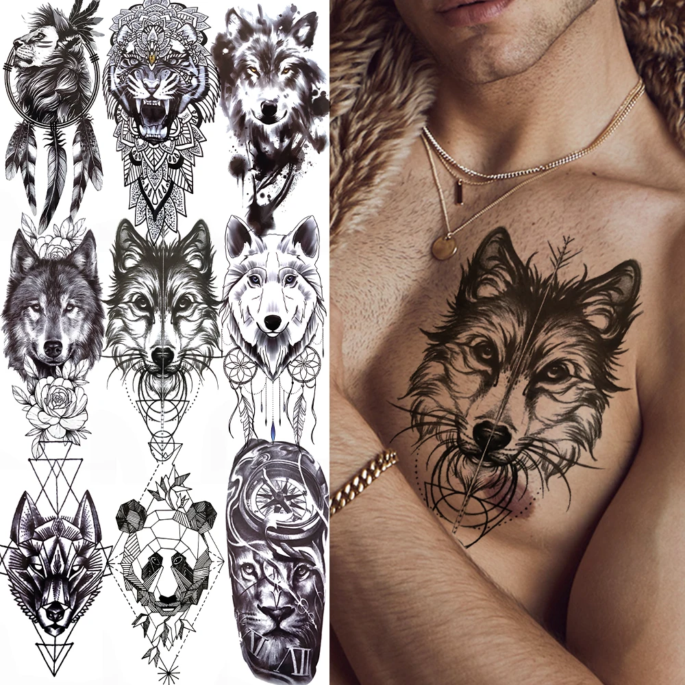 Tiger Panda Wolf Temporary Tattoo Feather Black Triangle Tattoo Sticker For Kids Men Women 3D Fake Animal Tribal Totem Tatoo