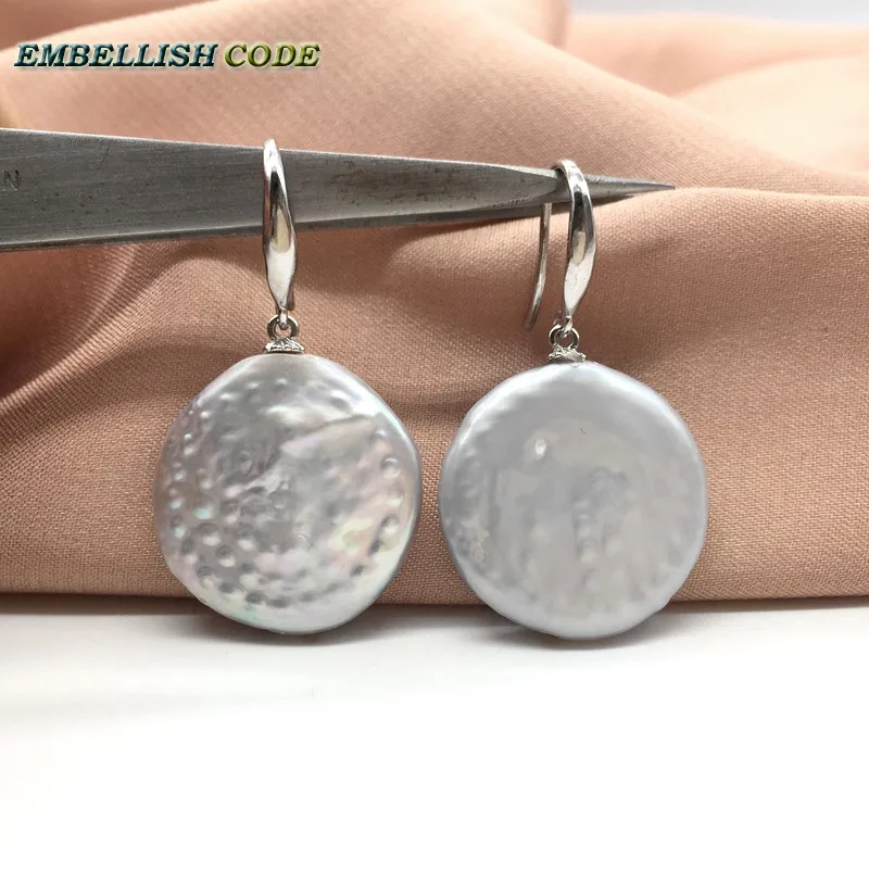 light grey flat baroque keshi pearl hook dangle earrings buttons coin shape larger Flawless natural pearls for women