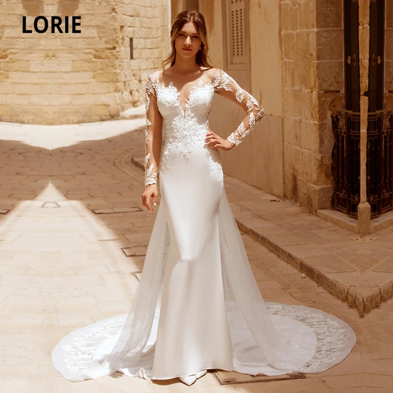 

LORIE Glitter Wedding Dresses Boho Mermaid O-Neck Lace Long Sleeves Stretchy Chiffon White Country Bridal Gown suknia ślubna