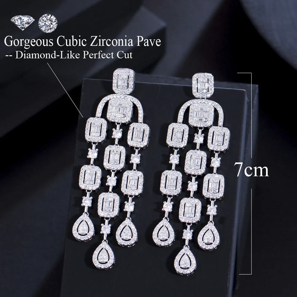 ThreeGraces Luxury Cubic Zirconia Long Tassel Geometric Drop Chandelier Earrings for Brides Wedding Anniversary Jewelry ER708