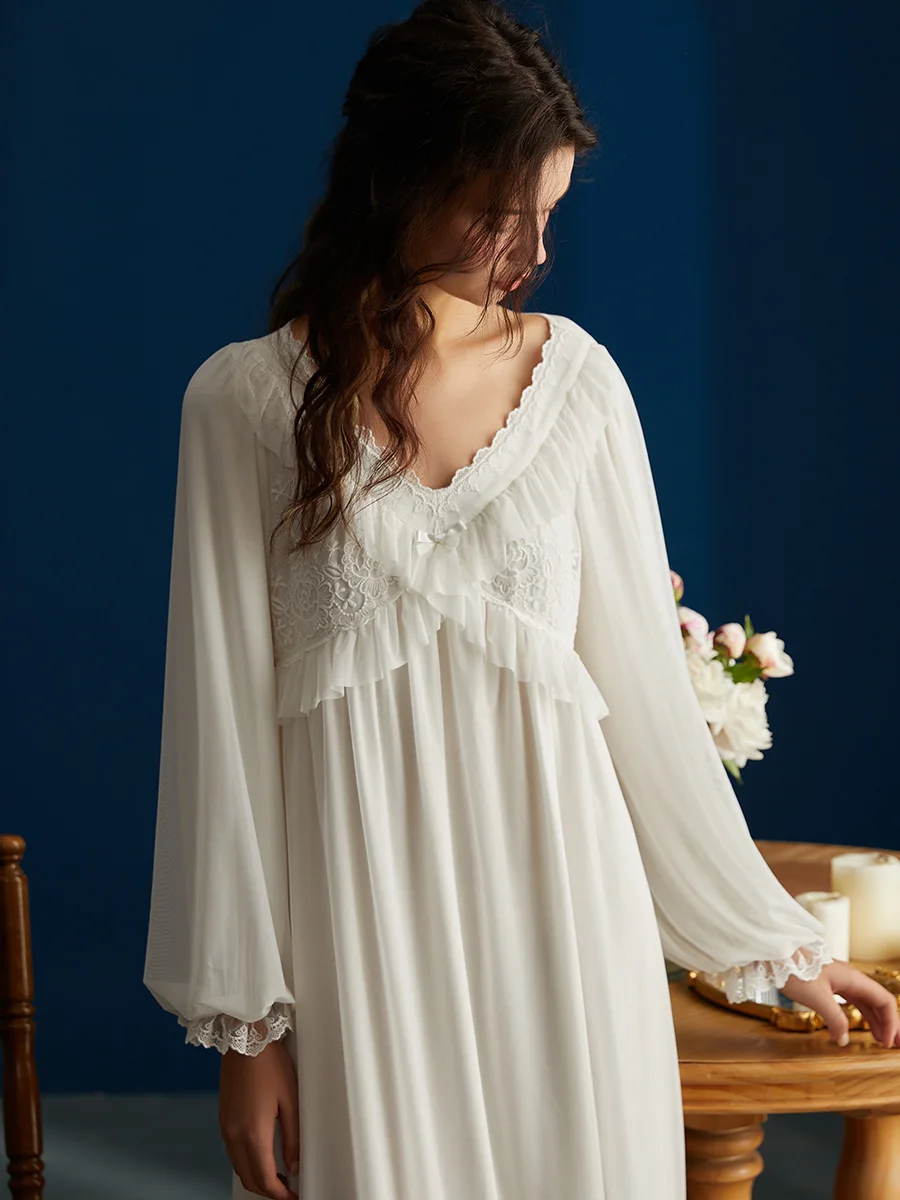 Hanxiuju Vintage Princess Gauze Cotton Long Nightgowns For Women Long Sleeve Royal Modal White Loose Nightshirts Home Dress