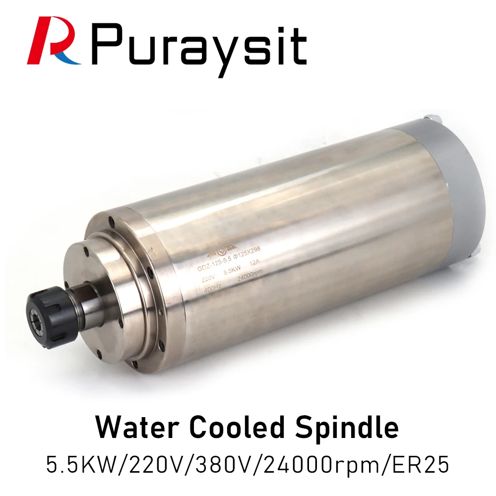 

Puraysit Water Cooling Spindle GDZ-125-5.5KW ER25 380V 8A 220V 12A 24000rpm CNC Router Spindle Motor for CNC Router Machines