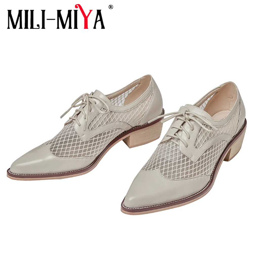 MILI-MIYA Fashion New Comfortable Cross Tie Square Heel Pumps Sexy Pointed Toe Genuine Leather Mesh Hollow Out Daily Life Shoes