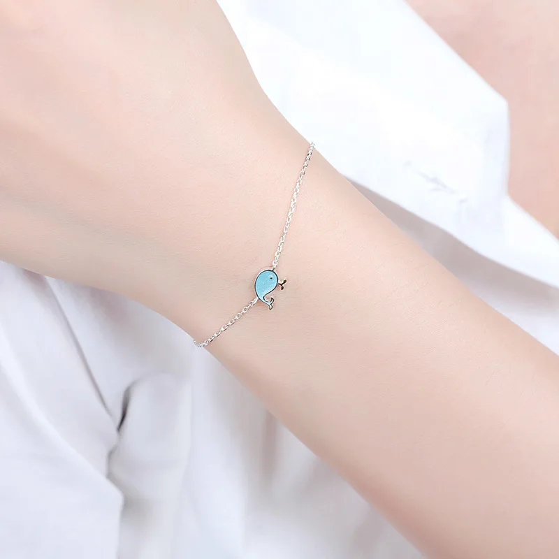 INZATT Punk 925 Perak Murni Lucu Biru Ikan Paus Gelang Enamel untuk Wanita Geometris Wanita Musim Panas Logam Rantai Perhiasan Hadiah Pesta