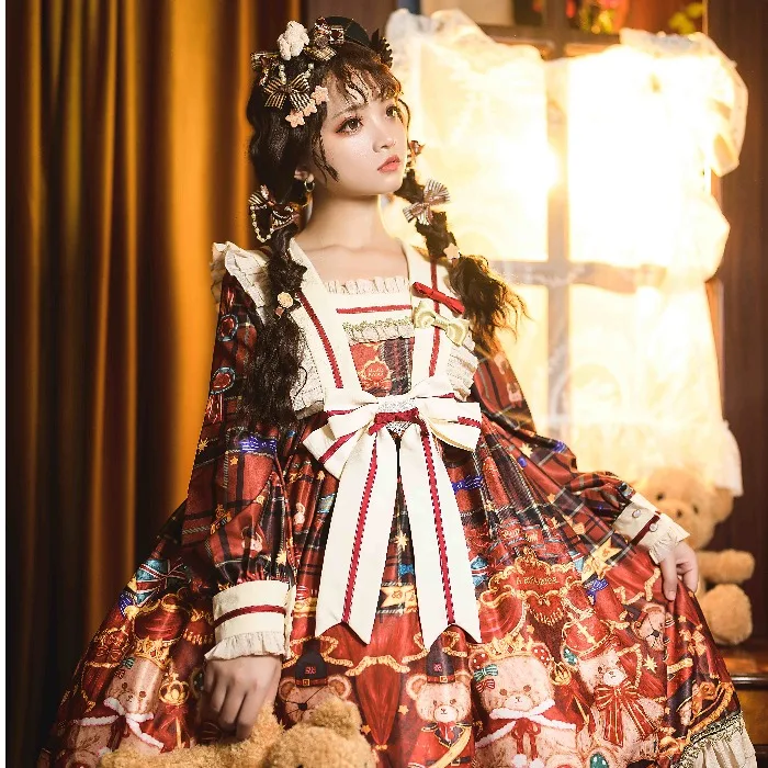 

Lolita British Knight Bear Long Sleeve Op Dress Autumn and Winter Clothing kawaii clothing gothic lolita dress loli