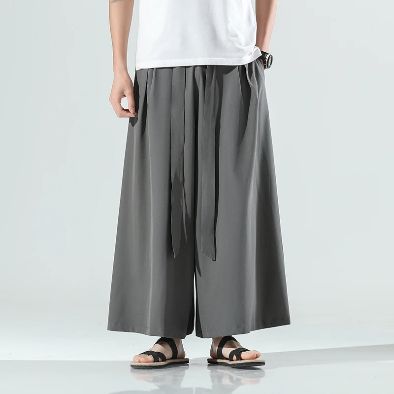 Cozy Black Ice Silk Hakama Kung Fu Pants A Wide Bottom Wushu Kimono Chinese Mens Cotton Wide Pants For Mens East Style Grey