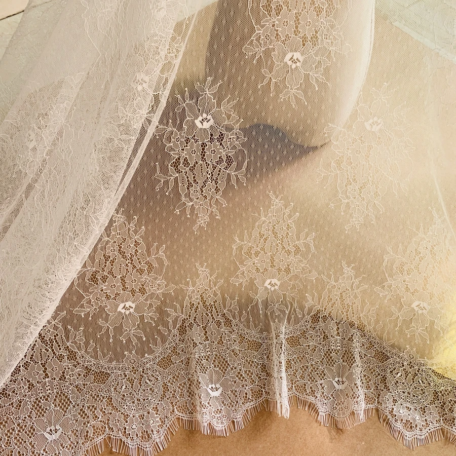 110x300CM Per Piece Subtle Eyelash Lace Fabric Ivory Shade Dots Design Chantilly Lace 3 Meters Long