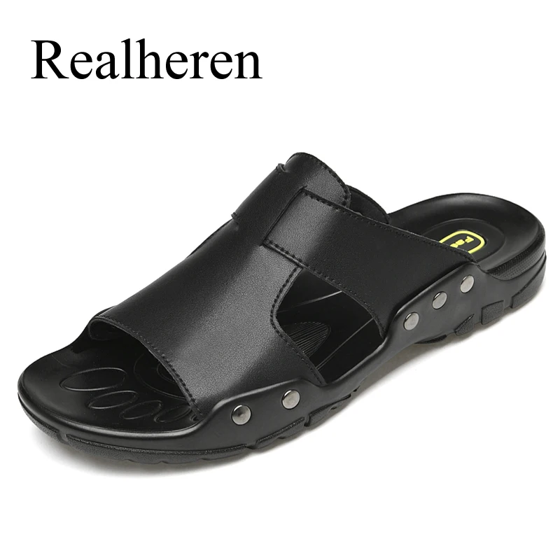 Chanclas de cuero para hombre, zapatos informales de talla grande 50, 51, 52, sandalias suaves negras para playa y exteriores, 2021