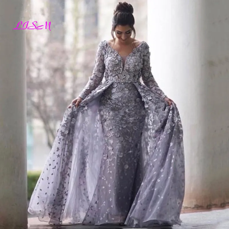 

Lilac Muslim Evening Dresses 2024 Mermaid V-Neck Long Sleeves Tulle Lace Islamic Dubai Saudi Arabic Long Prom Evening Gowns