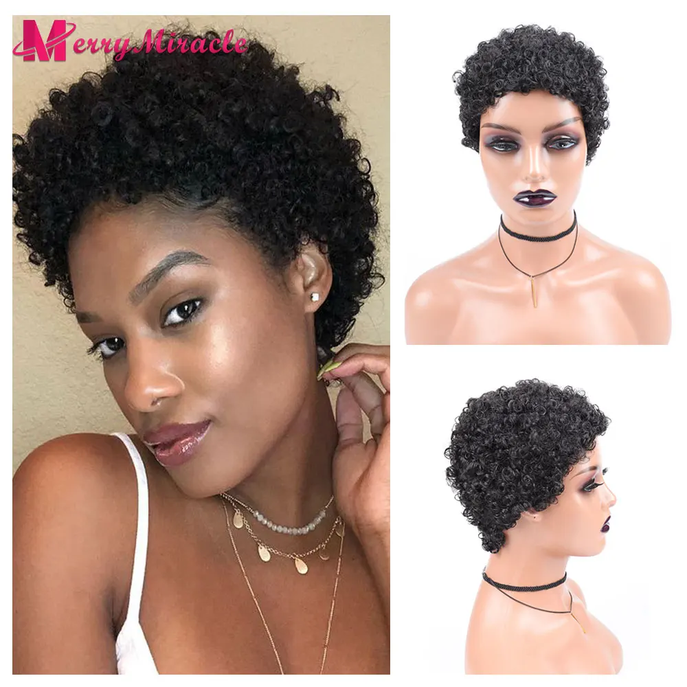 Pelucas de pelo sintético para mujer, pelo corto de corte Pixie Afro rizado, con pelo fino, estilo Afro Americano