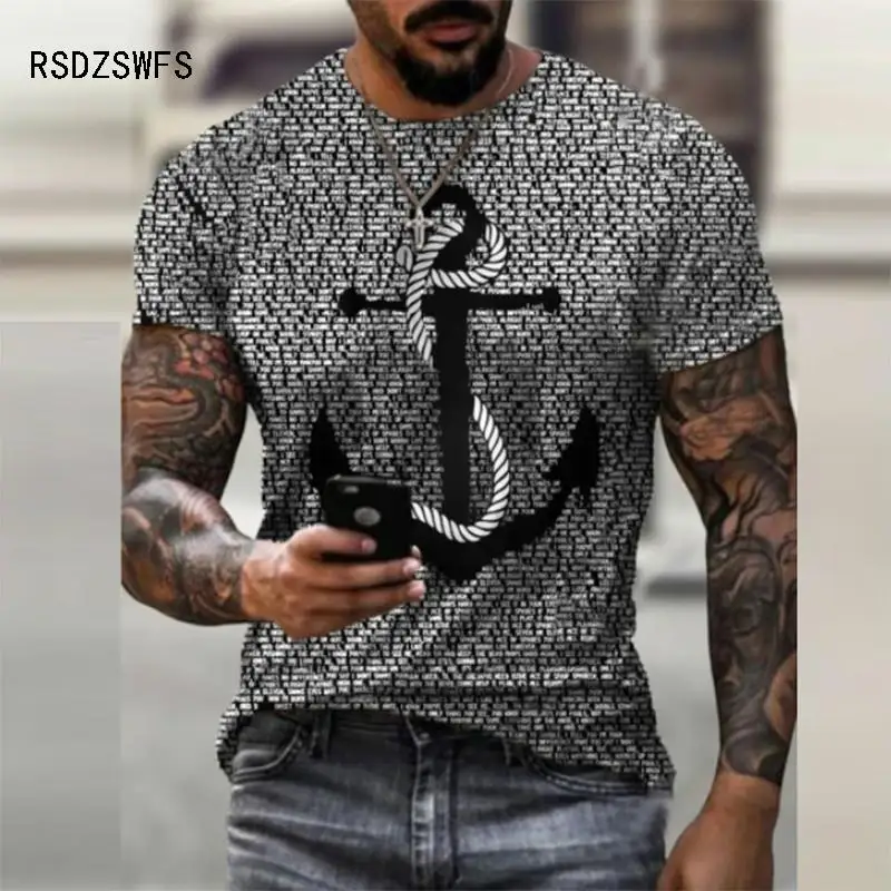 Summer Men\'s T-Shirt Street Personalized Marine Style Anchor Print 3D Clothes Large Size Mens Top Loose Pullover T-Shirt