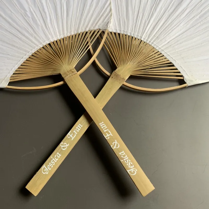 30PCS Japanese Style Bamboo Handle Wood Paddle Paper Hand Fan Customized with Bride and Groom's Names Wedding Gift Favors