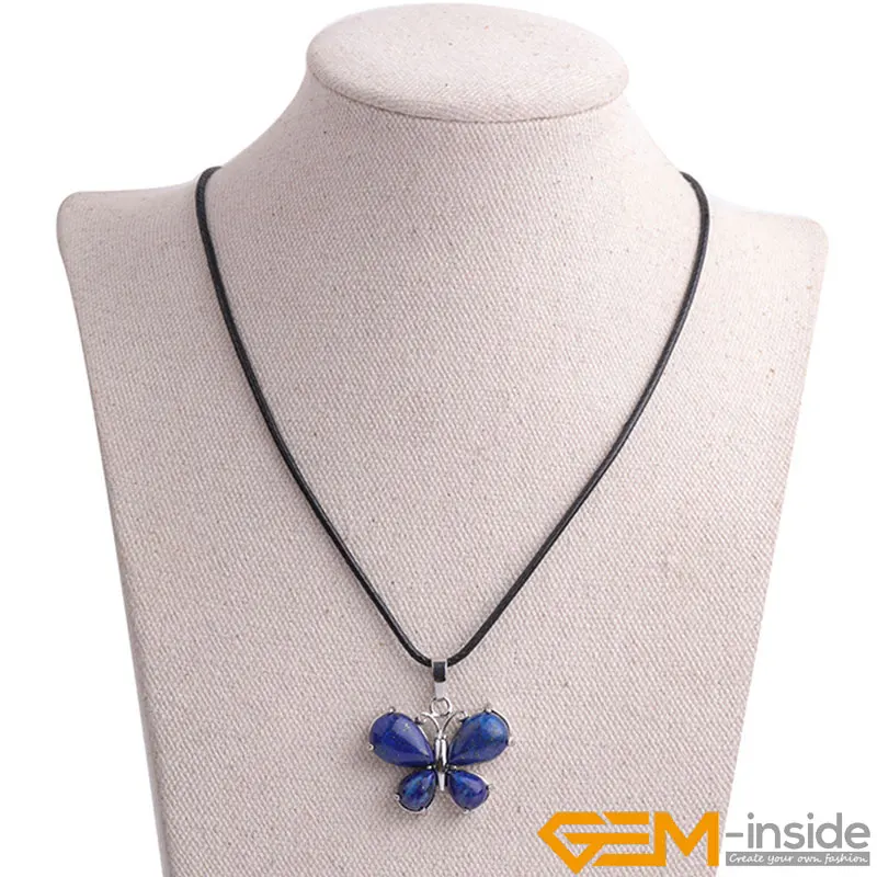 Natural Stone Lapis Lazuli Amethysts Howlite Green Aventurines Charm Butterfly Animal Pendant Leather Chain Necklace 19 Inch