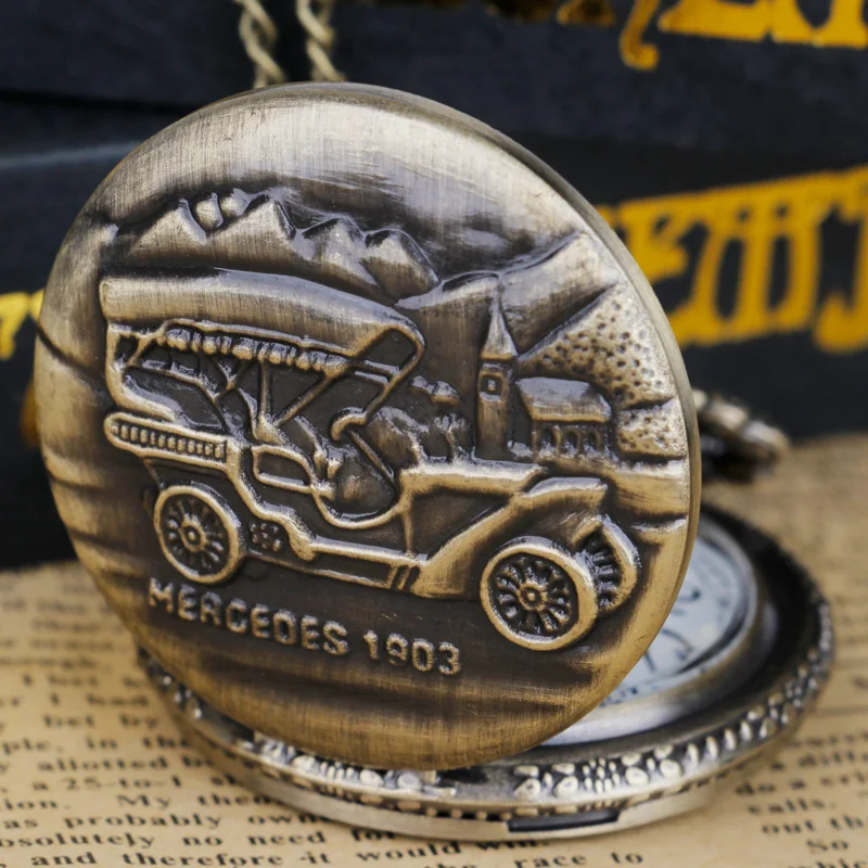 Bronze Quartz Pocket Watch 1903 Mercedes-Benz Style Carved Man Woman Driver Pendant Chain Accessories