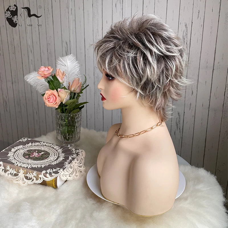 Short Mixed Grey Natural Wave Fluffy Hair Synthetic Wig With Bangs For Women Pixie Cut Natural Wavy Heat Resistant Cosplay Wigs