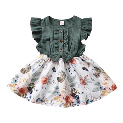 Lioraitiin Dress Summer 1-5Years Baby Girls Bowknot Floral Print Ruffles Sleeve Patchwork Length A-Line Sundress