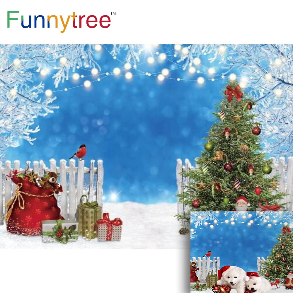 

Funnytree Зимние Синие ледяные ветки Снежный пейзаж Рождественская вечеринка забор фоны огни баннер колокольчики игрушка Санта фото