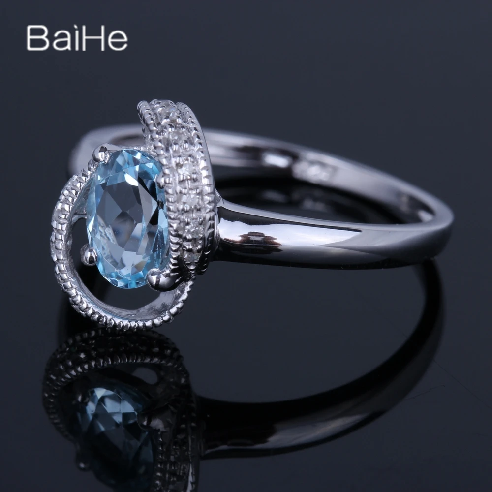 BAIHE Solid 14K White Gold Sky Blue Topaz rings for women Engagement Party Trendy Fine Jewelry anillos mujer парные кольца