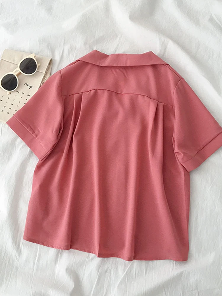 Fashion Notched Collar Chiffon Female T Shirts Single Breasted Short Sleeve Loose Solid-Color Women Blouses Summer