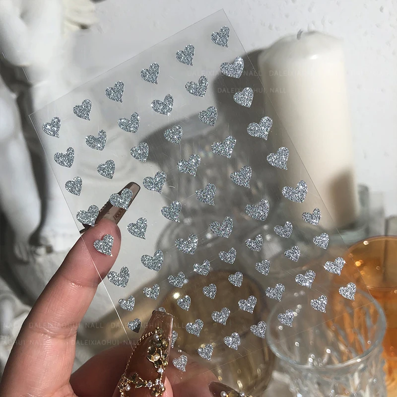 Shiny Glitter 3D Nail Decals Stickers Silver Powder Star Design Iridescent Love Heart Foils Sparkly Winter Decoration Manicures