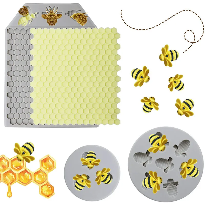 1Pcs Bee Fondant Mold Honeycomb Bees Silicone Molds for Chocolate Cake Decorating Beehive Baking Mold for Cupcake Topper