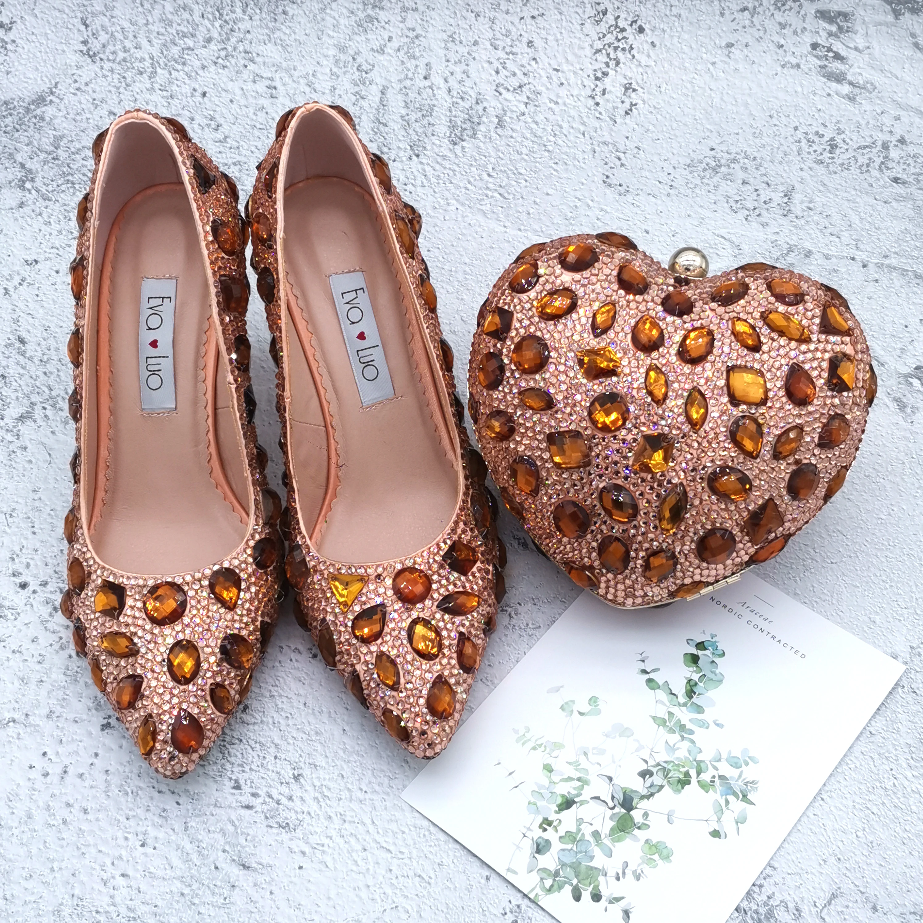 BS1214 DHL Custom Made Peach Coffee Brown Crystal Shoes With Matching Bag Set High Heels  Women Shoes Bridal Wedding Shoes