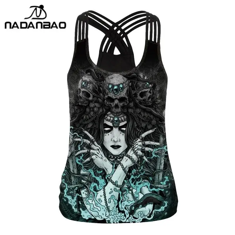 NADANBAO 2025 Summer Women Sling Top Shirt Hallowenn Gothic Witchy Print Street Style Tank Tops Sleeveless Slim Sexy Vest Female