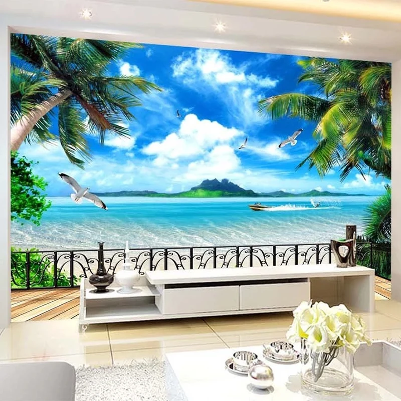 

Custom 3D Wall Mural Wallpaper Modern Beach Balcony Scenery Outside Window Sea View Wall Painting Living Room TV Sofa Wallpapers