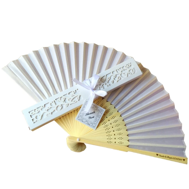 

50Sets Customized Bride Groom's Name and Date Wedding Silk Hand Fan Personalized with Luxury Laser-Cut Gift Box + Thank You Card