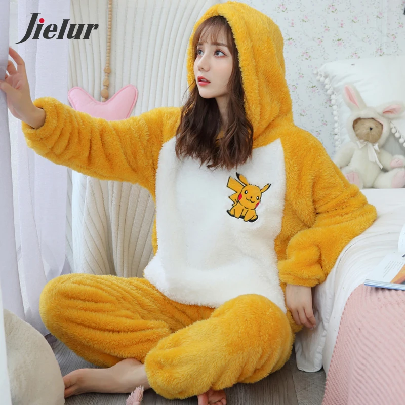 Jielur Warm Women Pajama Sets Winter Lady Long Sleeve Shirt+Pants Home suit Hooded Cartoon Print Thick Pijama Feminino