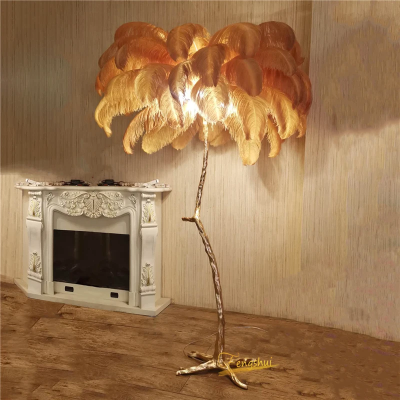 Modern Ostrich Feather Gold Floor Lamp Nordic Luxury Copper Living Room Floor Lights Living Room Bedroom Standing Lamp Fixtures