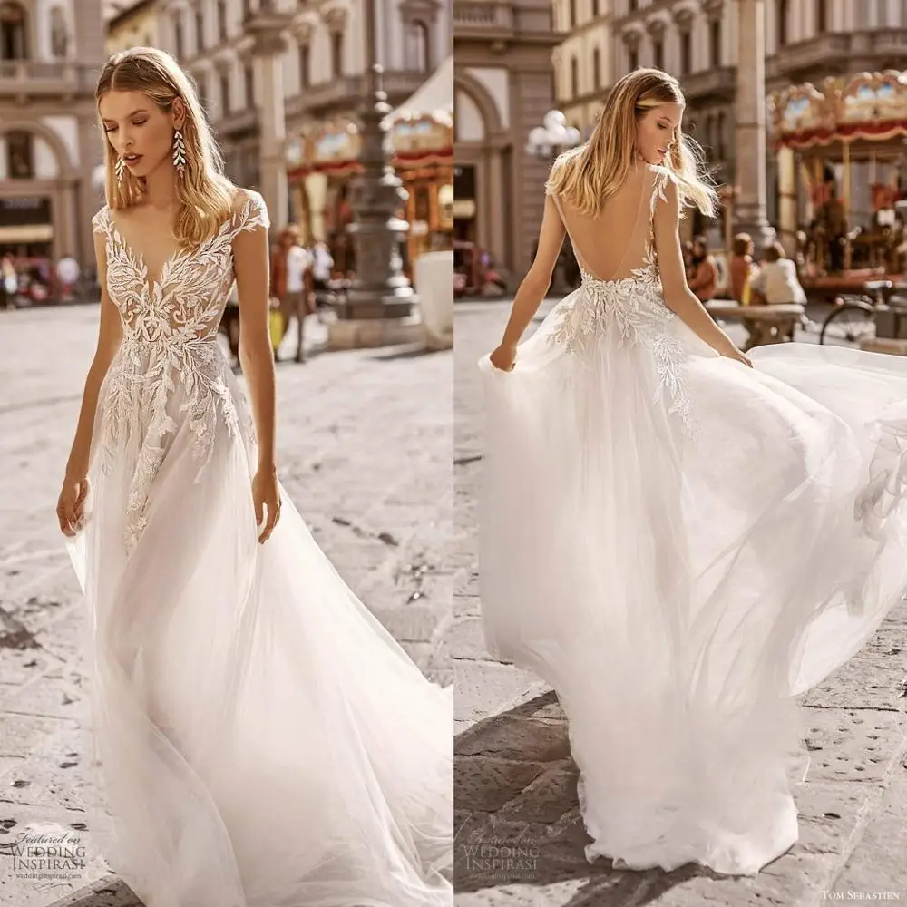 2020 Beach Wedding Dresses V Neck Lace Apliques Illusion A Line Boho Wedding Dress Cap Sleeves Backless Robes De Mariée