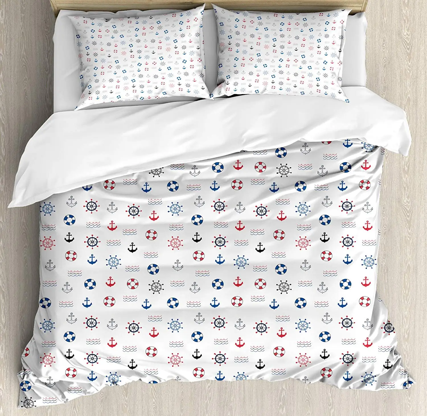 Nautical Duvet Cover Set Marine Elements Featured Lifebuoy Anchor Compass Sea Waves Kids Nursery Theme Decorative 3 Piece Bed