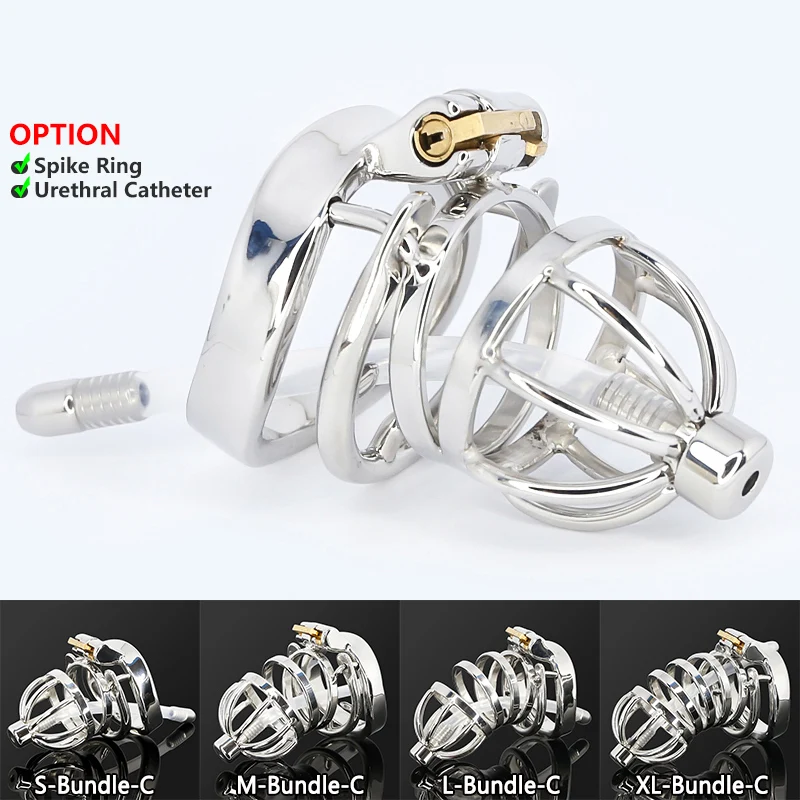 Male Stainless Steel Cock Cage Penis Ring Sleeve Chastity Device Belt with Catheter Spikes Lockable Adult Sex Toys for Men