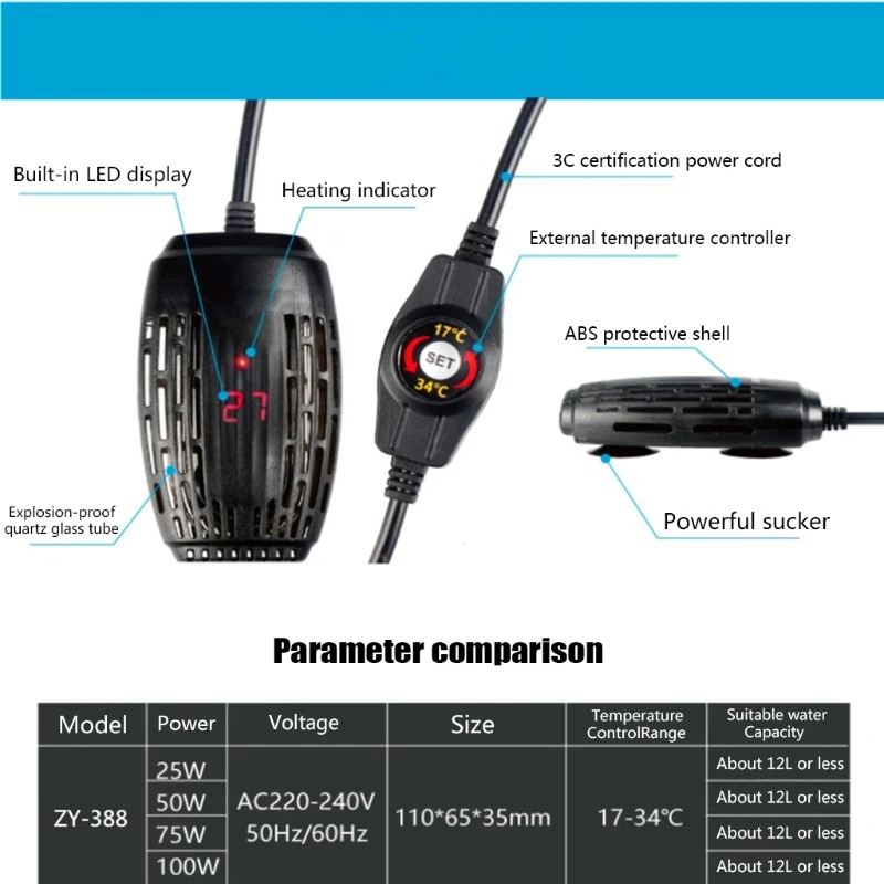 25W/50W/75W/100W Aquarium Heater Fish Tank Turtle Submersible Thermostat Gauge LED Digital Display Heating Rod