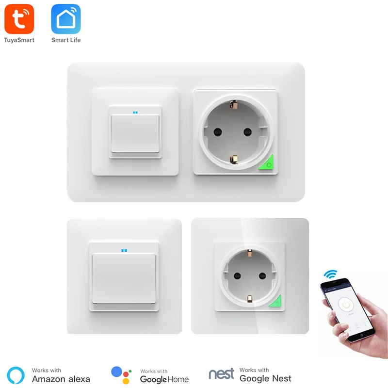 Tuya Smart WiFi Wall Outlet & Light Switch 2 In 1 Wireless Remote Control EU standard Alexa Google Home Compatible Smart Home