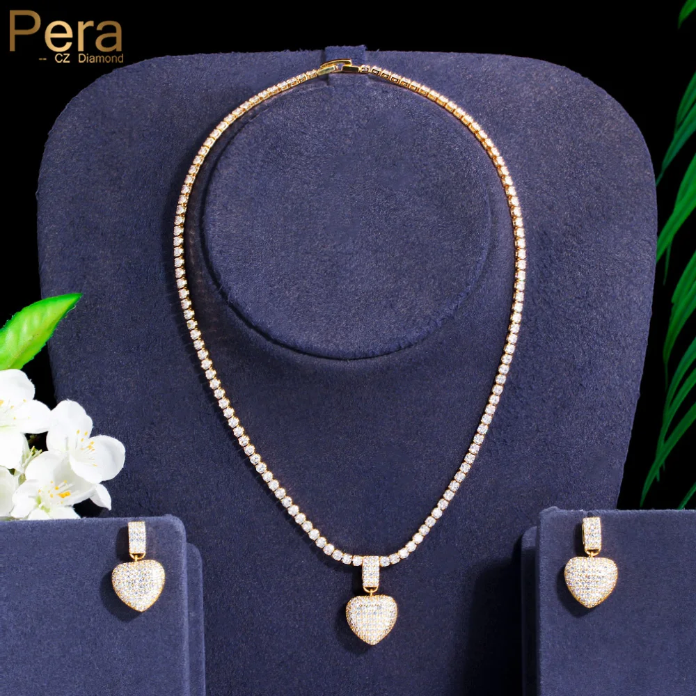 Pera Noticeable Love Heart Pendant Necklace Earrings CZ Zircon Yellow Gold Color Bridal Wedding Jewelry Set Party Accessory J505